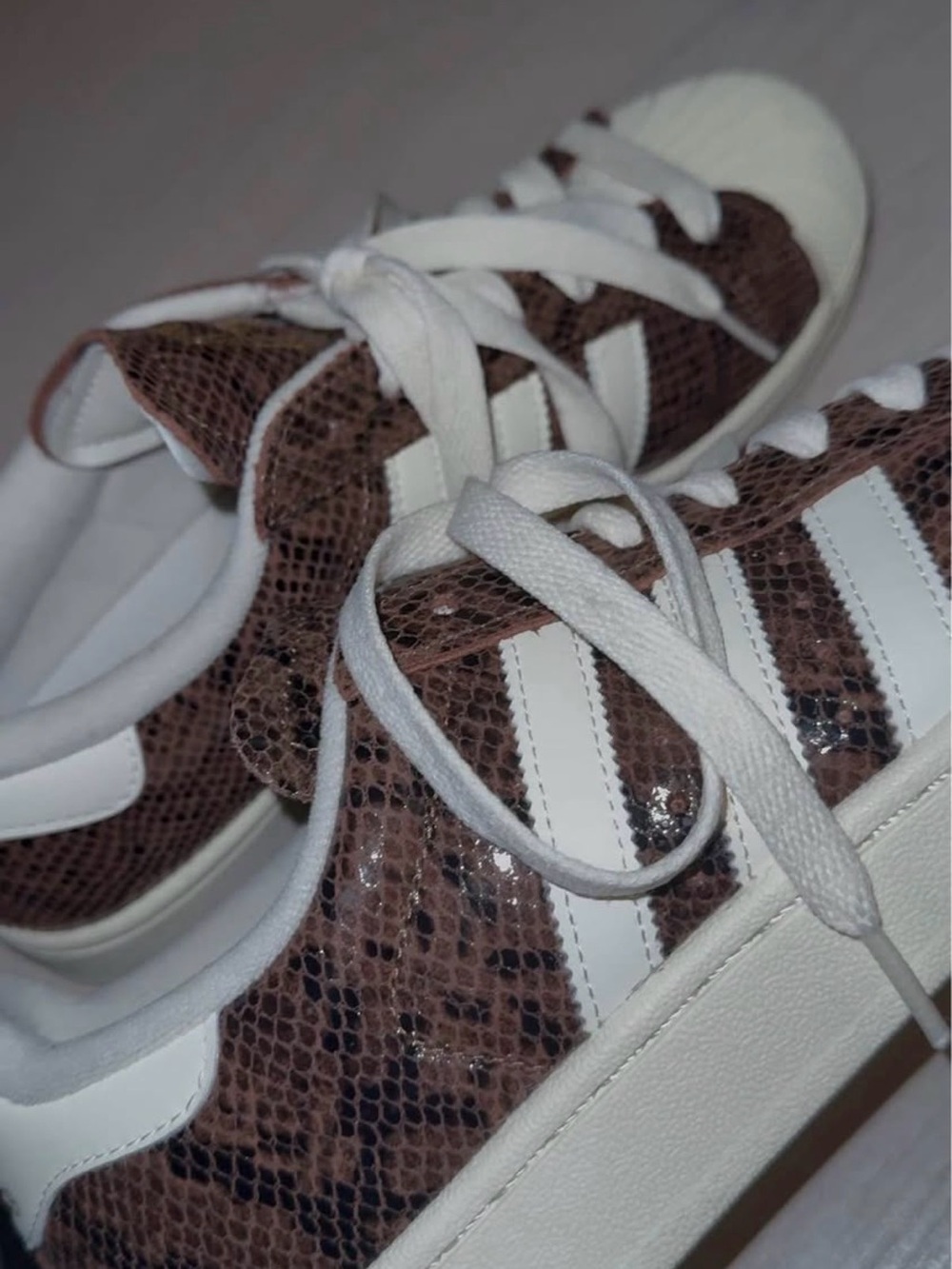 adidas Women's Brown Snake-Print Sneakers with White Stripes